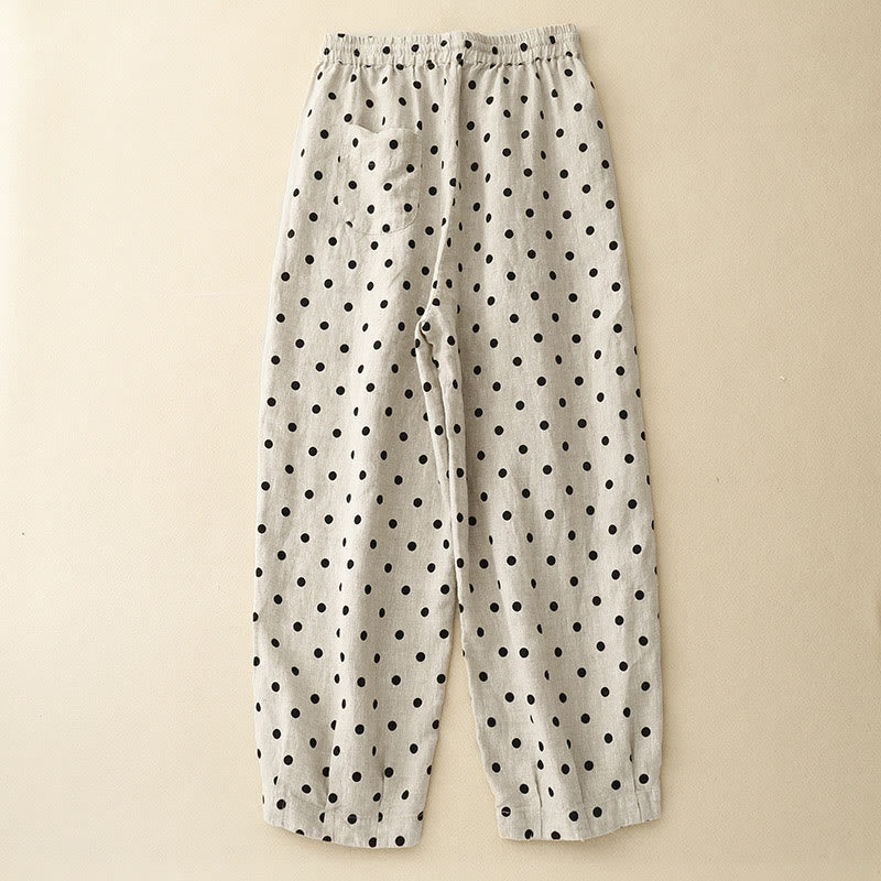 Casual Black Polka Dots Drawstring Cotton Linen Women's Pants With Pockets