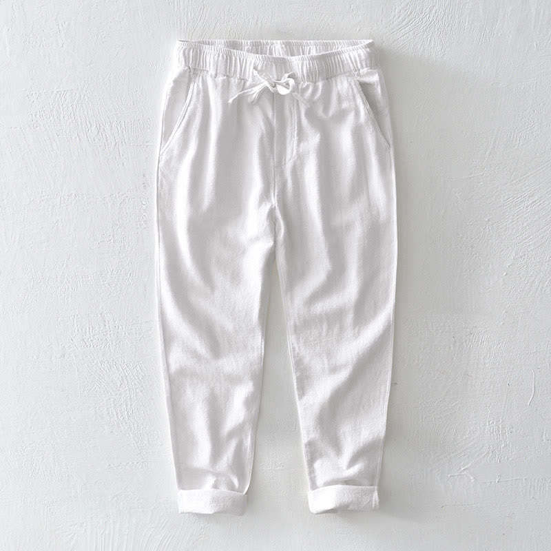 Casual Solid Color Simple Design Drawstring Ramie Linen Men's Pants With Pockets
