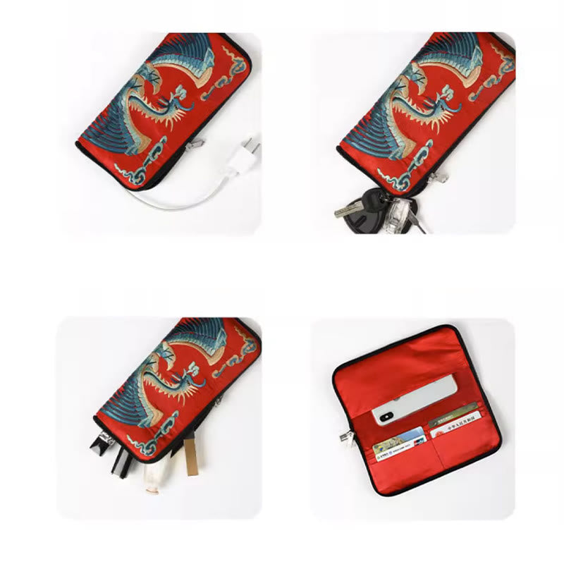 Mythical Beast Phoenix Dragon Qilin Su Embroidery Ticket Folder Storage Journey Shopping Purse Handbag
