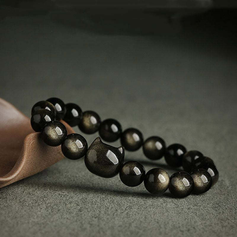 Gold Sheen Obsidian Silver Sheen Obsidian Lovely Paw Lucky Cat Protection Bracelet