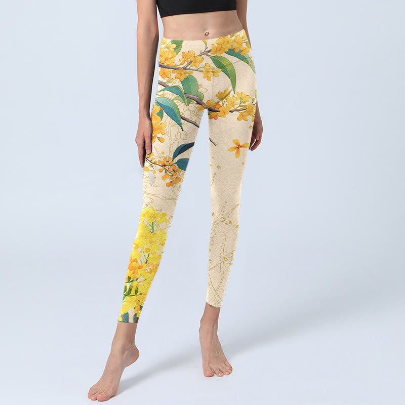 Yellow Osmanthus Fragrans Rapeseed Print Gym Leggings Women's Yoga Pants