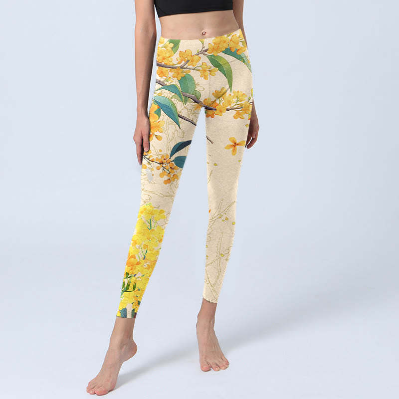 Yellow Osmanthus Fragrans Rapeseed Print Gym Leggings Women's Yoga Pants