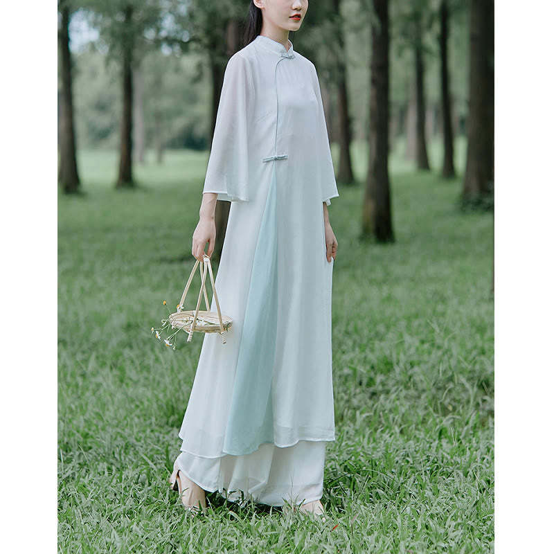 Three Quarter Sleeve Chiffon Cheongsam Midi Dress Wide Leg Pants Meditation Zen Practice Clothing