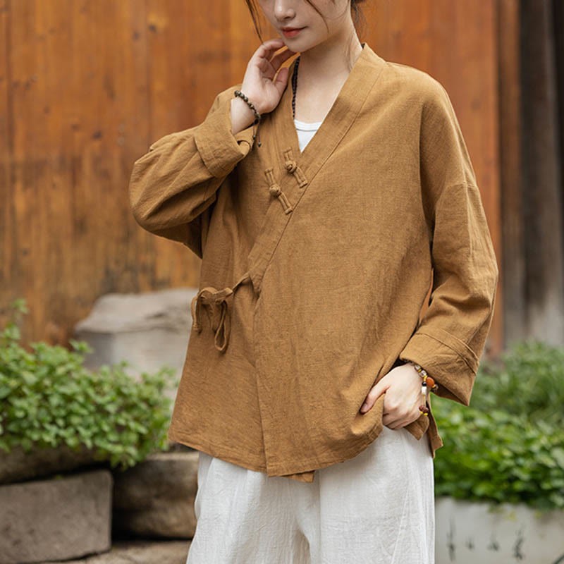 Frog-Button Hanfu Design Shirt Top Ramie Linen Jacket