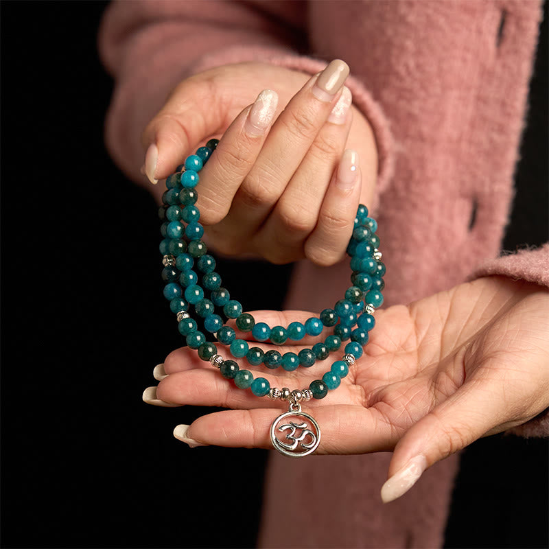 108 Mala Beads Apatite Bead Om The Tree Of Life Lotus mystic zen Bracelet