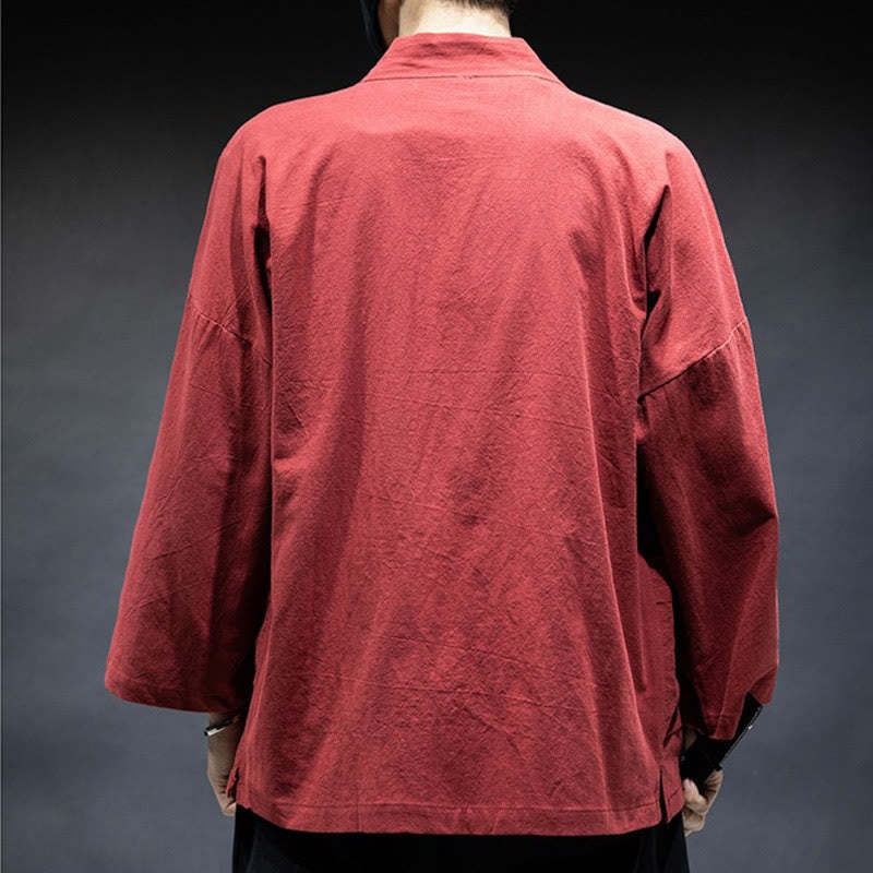 Solid Color Lace-up Open Front Jacket Cotton Men's Kimono