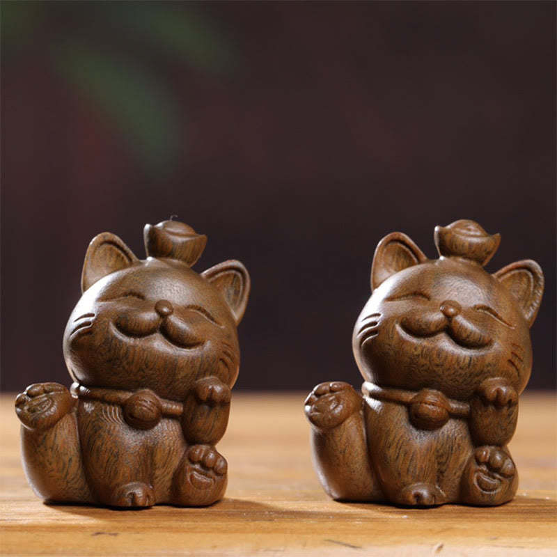 Mini Green Sandalwood Ingot Lucky Cat Carved Peace Desk Decorations