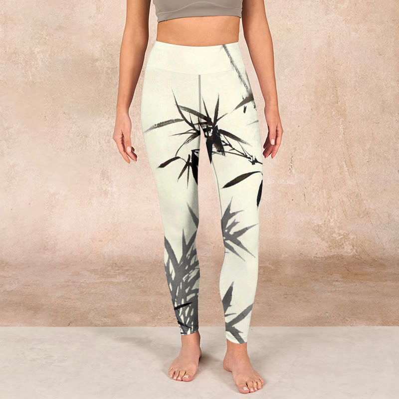 Ink Painting Bamboo Leaves Print Sports Leggings Women's Yoga Pants