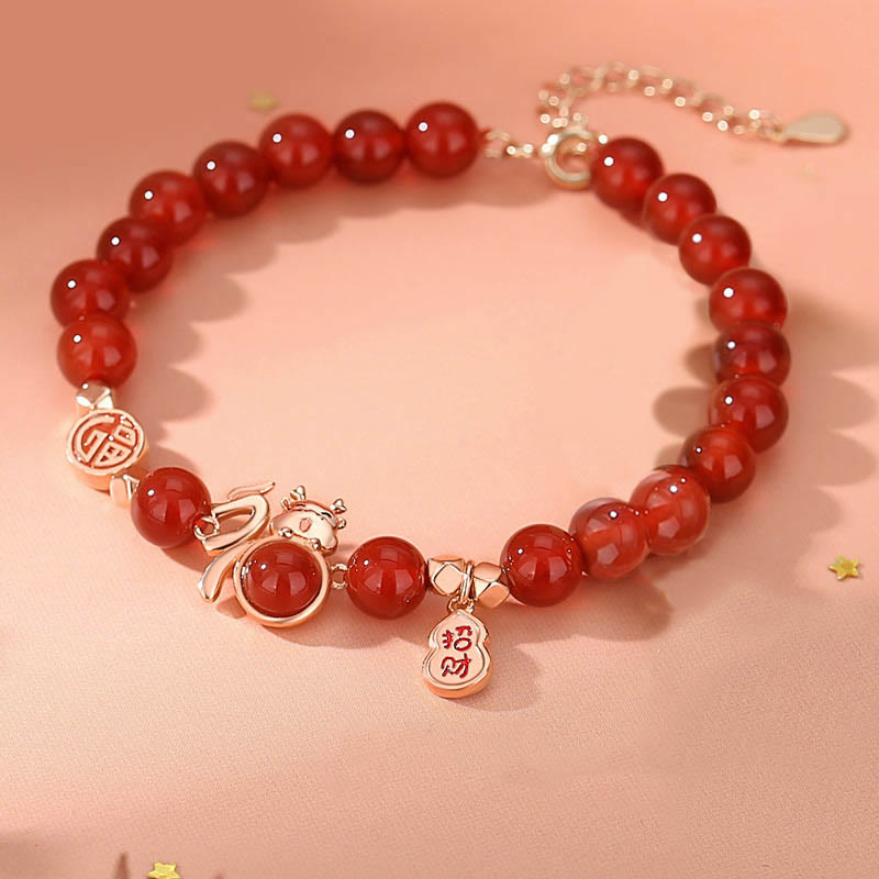 925 Sterling Silver Year of the Dragon Natural Red Agate Hetian Jade Fu Character Luck Gourd Bracelet