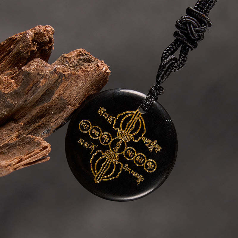 Vajra Dorje Sanskrit Pattern Natural Various Crystal Black Obsidian Fulfilment Necklace Pendant