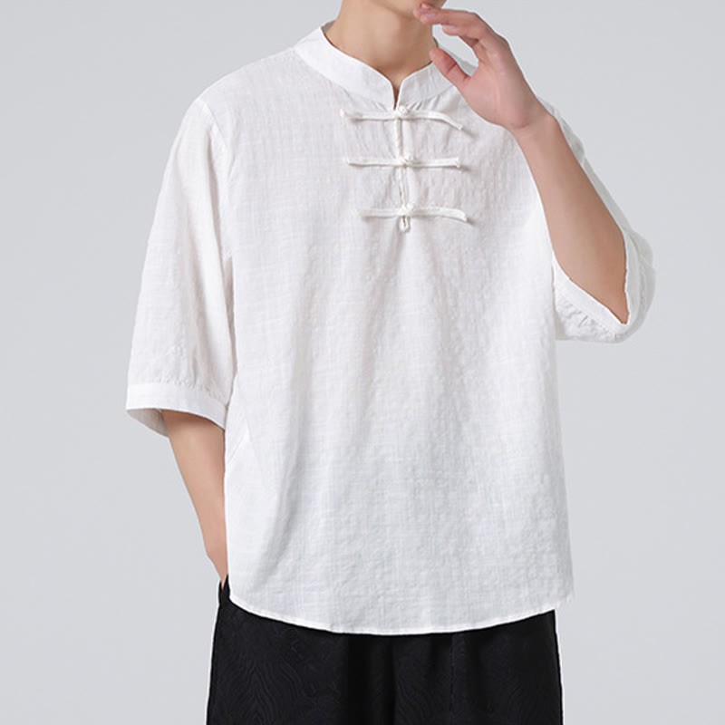 Frog-Button Plaid Pattern Chinese Tang Suit Half Sleeve Shirt Cotton Linen Men Clothing