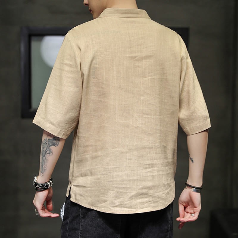 Frog-Button Phoenix Embroidery Chinese Tang Suit Short Sleeve Shirt Cotton Linen Men Clothing