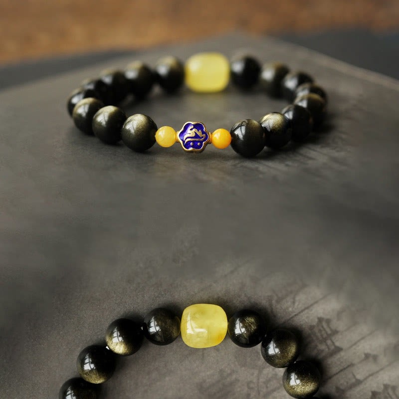 925 Sterling Silver Chinese Zodiac Natal mystic zen Natural Gold Sheen Obsidian Amber Wealth Protection Bracelet