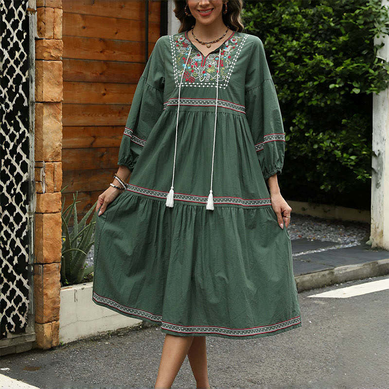DarkGreen Retro Ethnic Embroidery Long Lantern Sleeve Linen Cotton Midi Dress