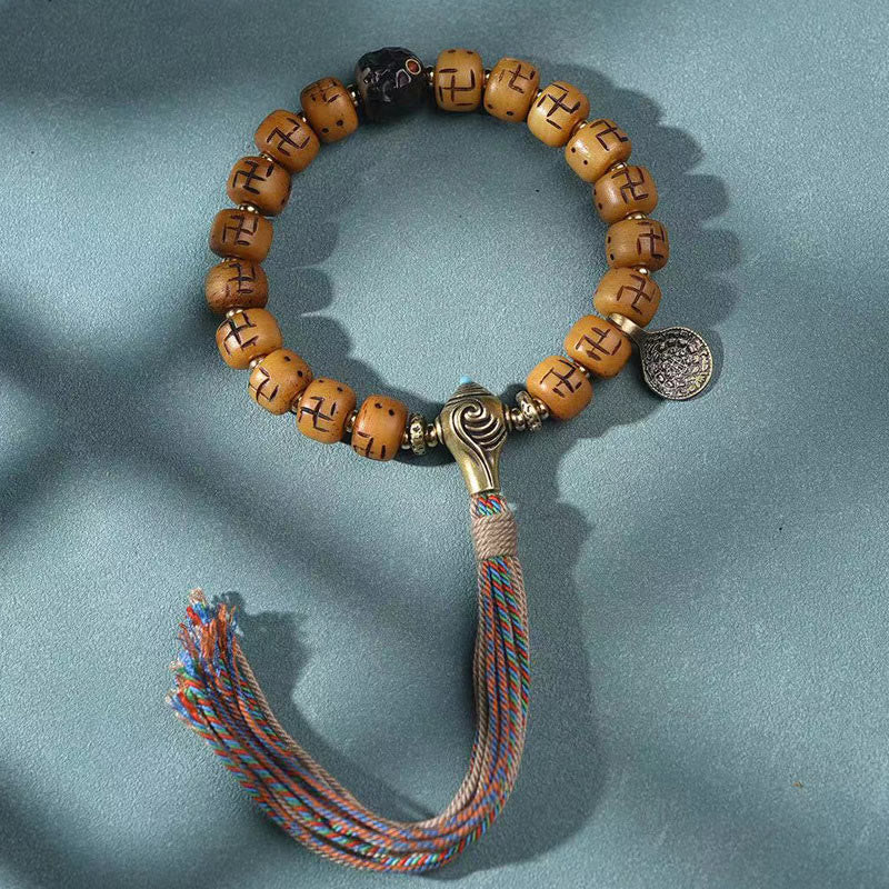 Natural Tibetan Camel Bone Swastika Dzi Bead Shankha mystic zen Charm Kirtimukha Luck Protection Tassel Bracelet