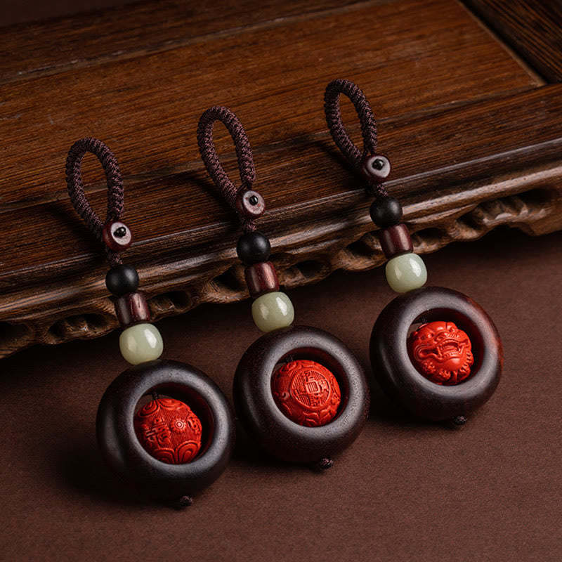 Tibet Om Mani Padme Hum PiXiu Copper Coin Small Leaf Red Sandalwood Cinnabar Protection Key Chain
