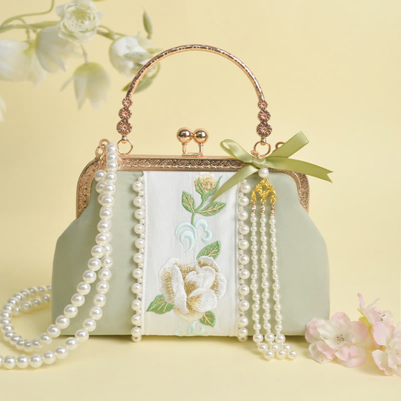 Double-sided Flowers Embroidery Pearl Pendant Metal Chain Crossbody Bag Handbags