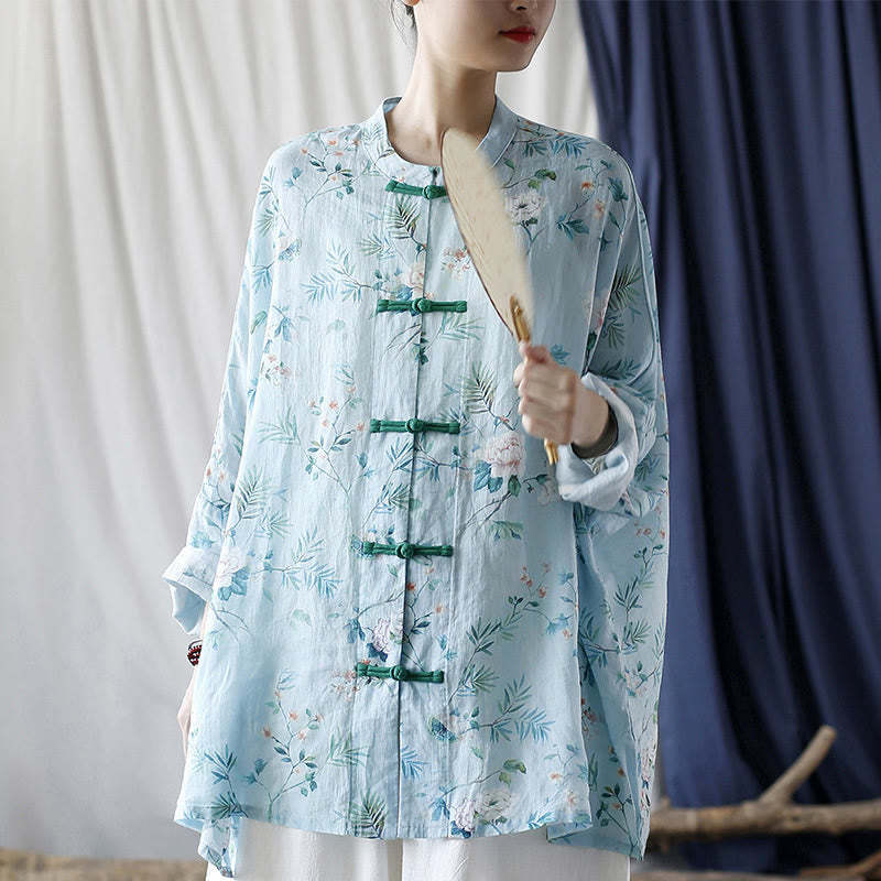 Light Green Pink Flowers Green Leaves Frog-Button Long Sleeve Ramie Linen Jacket Shirt