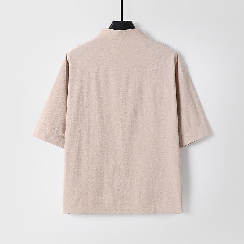 Casual Plain Color Three Quarter Sleeve Front Button Cotton Linen Men's Shirt With Pockets