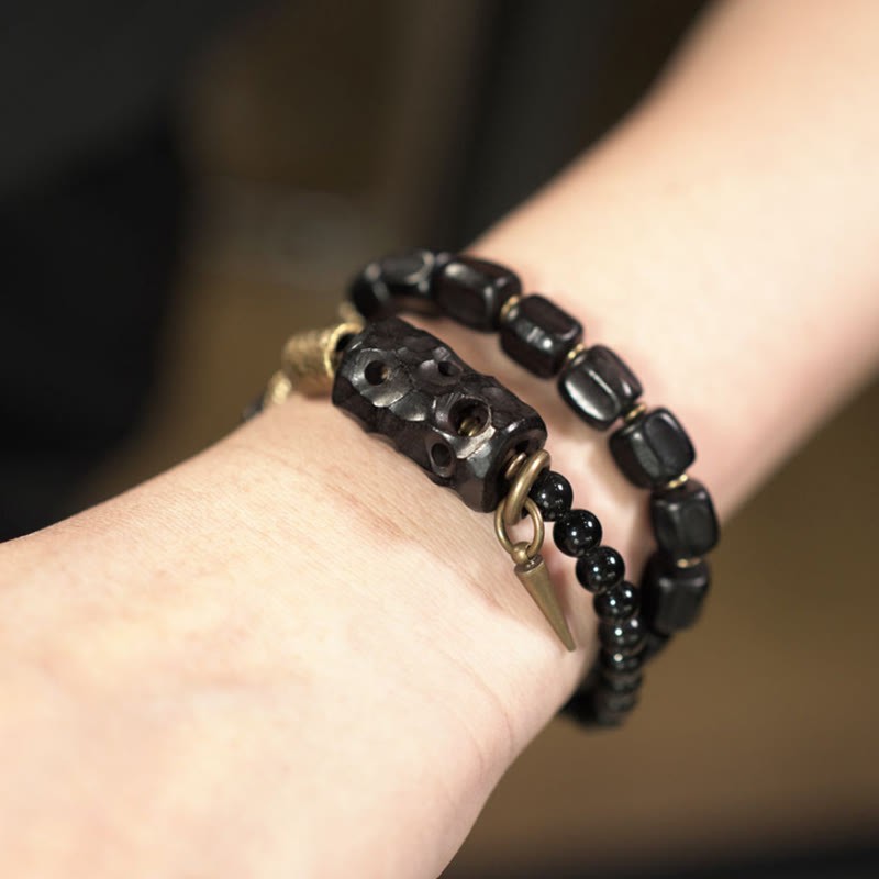 Ebony Wood Black Obsidian Copper Brass Peace Double Wrap Bracelet