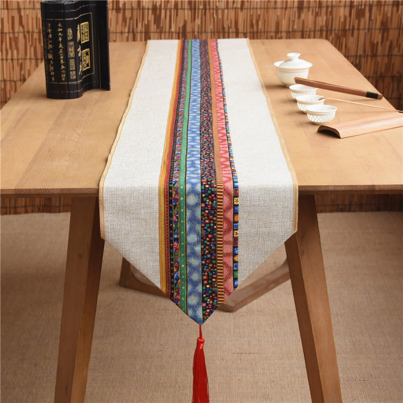 Classic Chinese Style Lotus Koi Fish Flower Crane Calligraphy Enlightenment Cotton Linen Tassels Table Runner