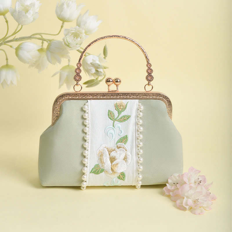 Double-sided Flowers Embroidery Pearl Pendant Metal Chain Crossbody Bag Handbags