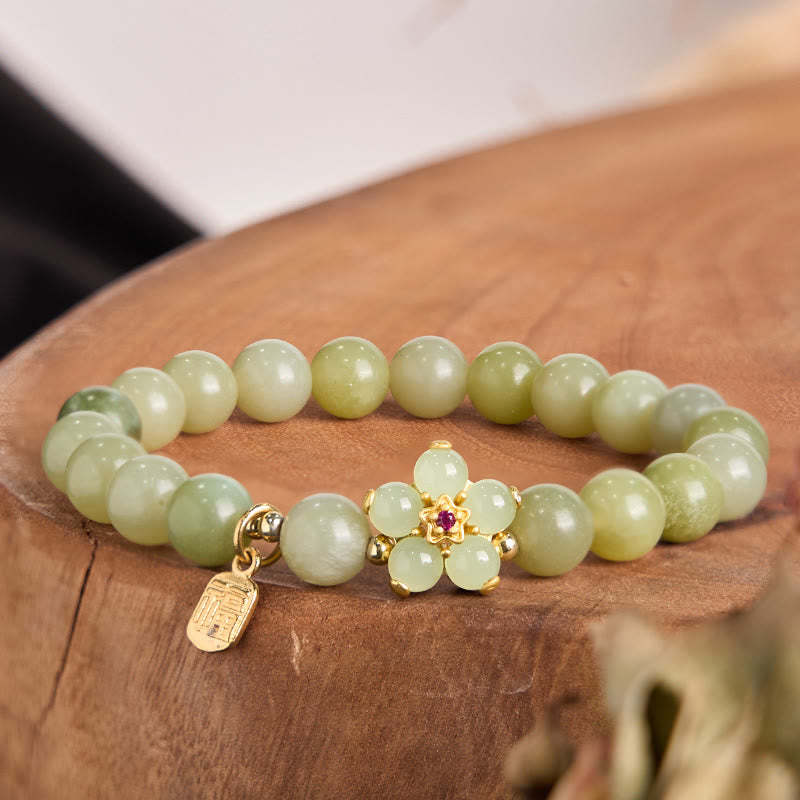 Green Jade Flower Fu Character Charm Luck Bracelet