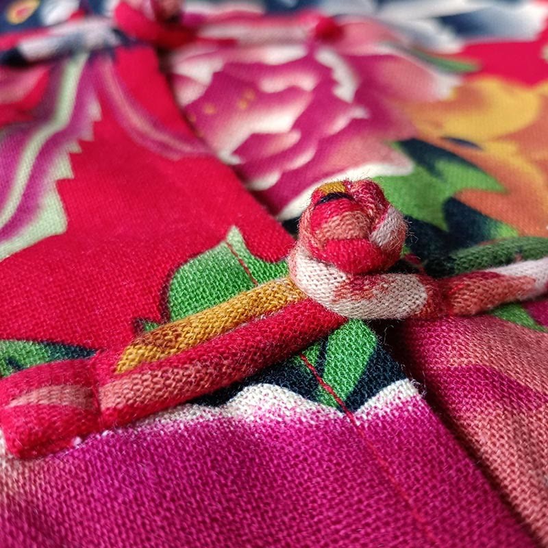 Ethnic Red Flower Peony Frog-Button Cotton Linen Long Sleeve Shirt Jacket With Pockets