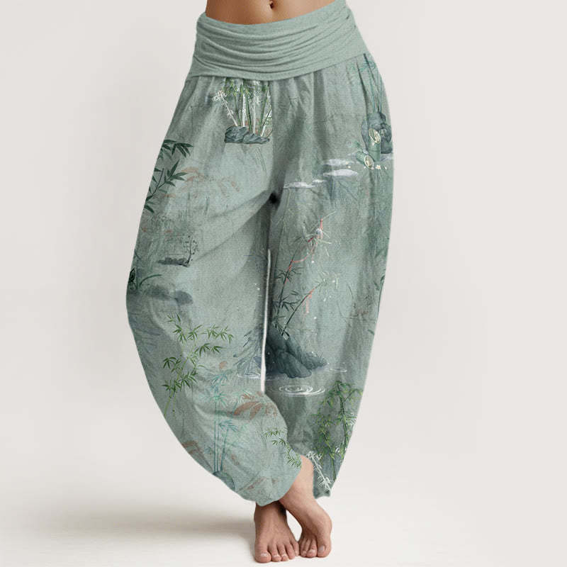Casual Bamboo Rock Ink Painting Women's Elastic Waist Harem Pants