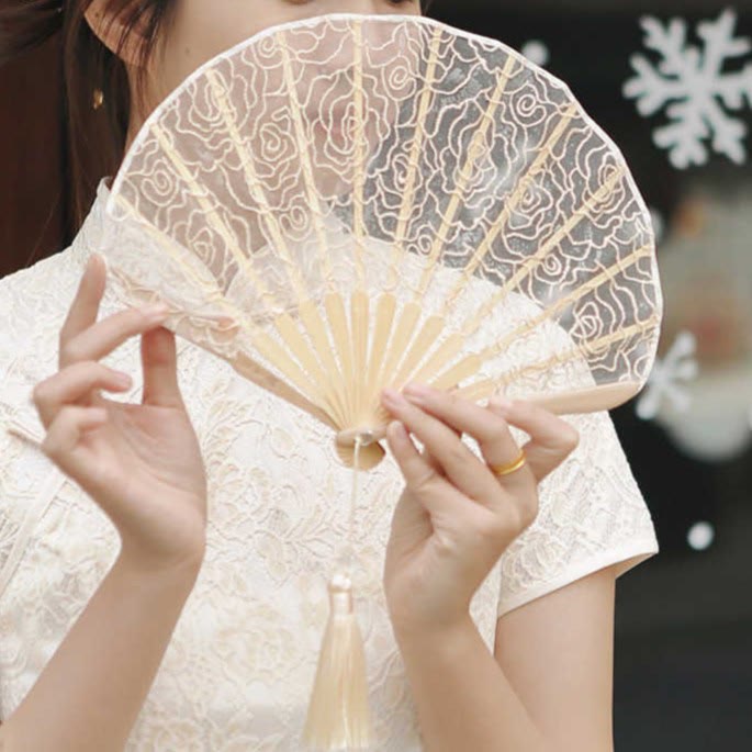 Rose Embroidery Lace Shell Shape Tassels Handheld Bamboo Folding Fan