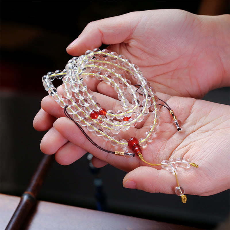 108 Mala Beads 925 Sterling Silver Natural White Agate Red Agate Quadruple Wrap Protection Bracelet