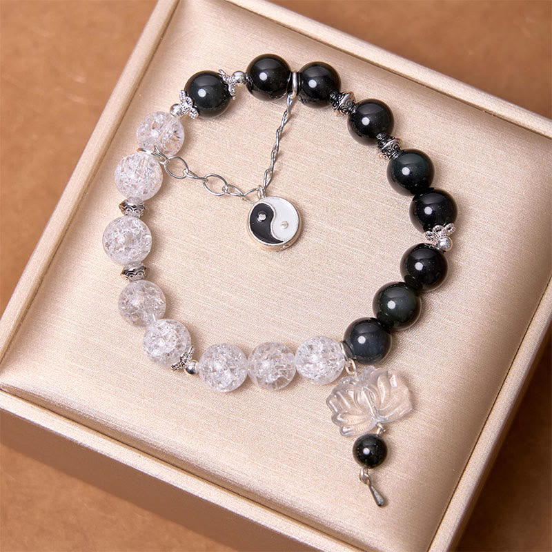 Silver Sheen Obsidian Crackle Clear Quartz Black Rutilated Quartz Yin Yang Lotus Protection Bracelet