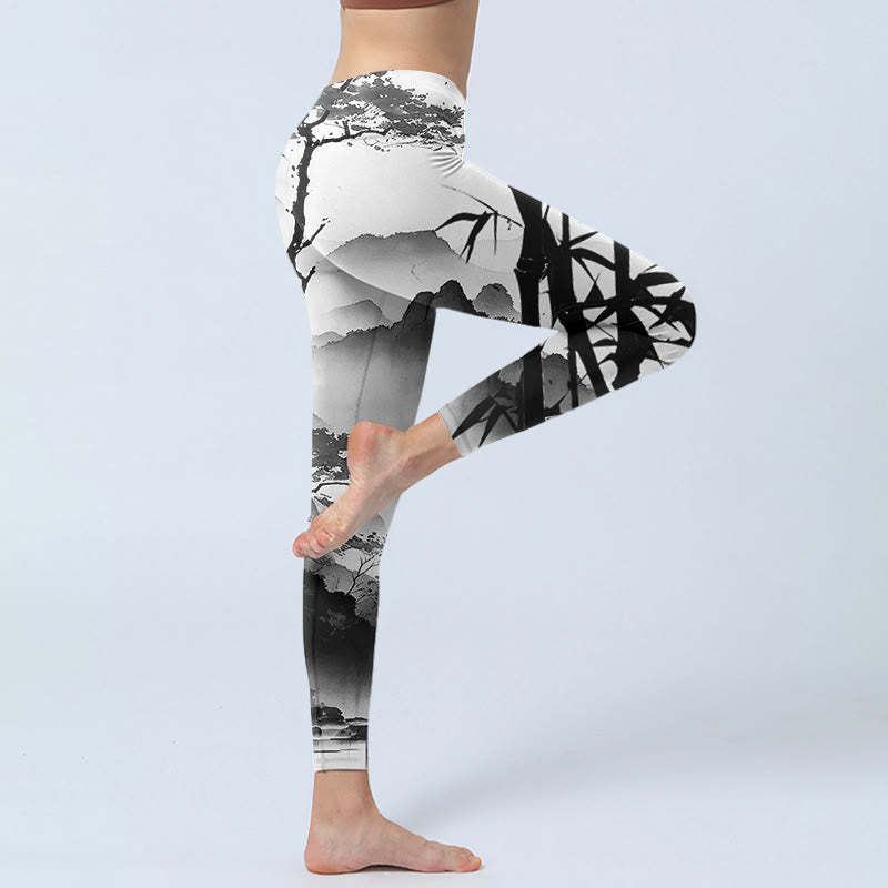 Ink Painting Bamboo Pine Mountain Scenery Print Gym Leggings Women's Yoga Pants