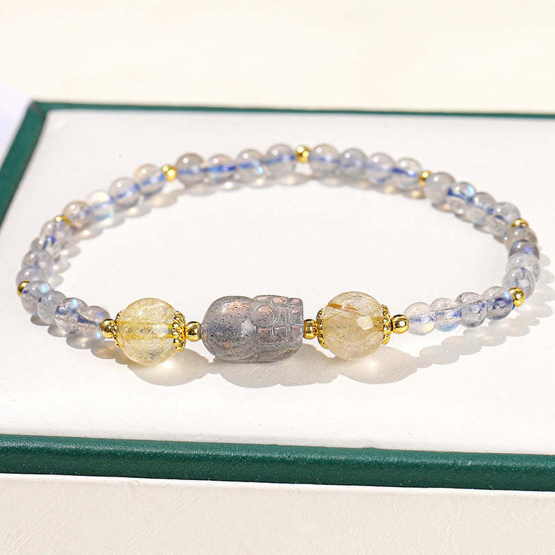 Moonstone Strawberry Quartz Tourmaline PiXiu Healing Bracelet