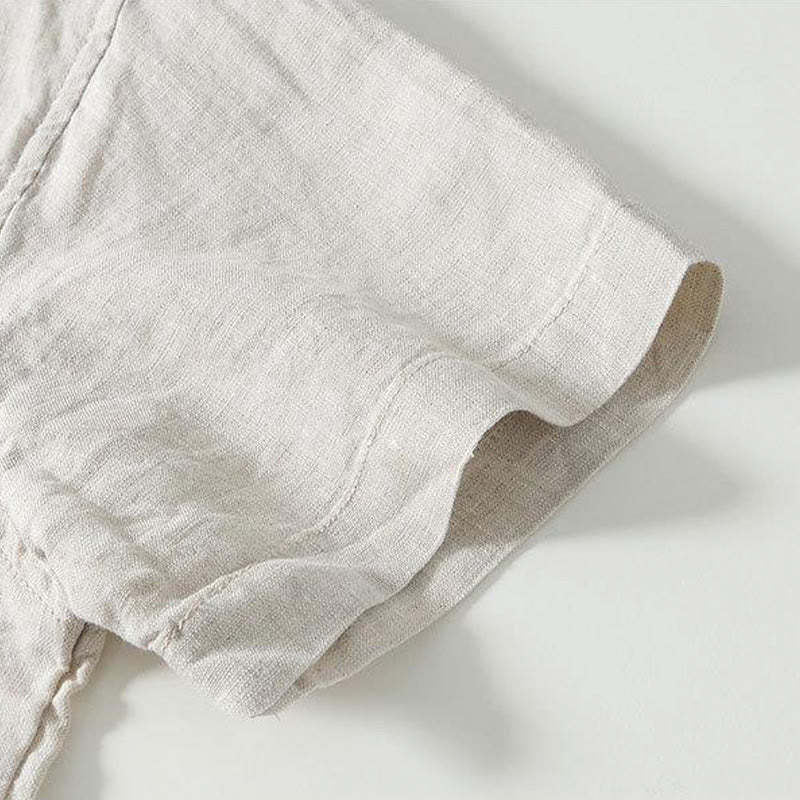 Daily Frog-Button Stand Collar Short Sleeve Linen Men's Shirt