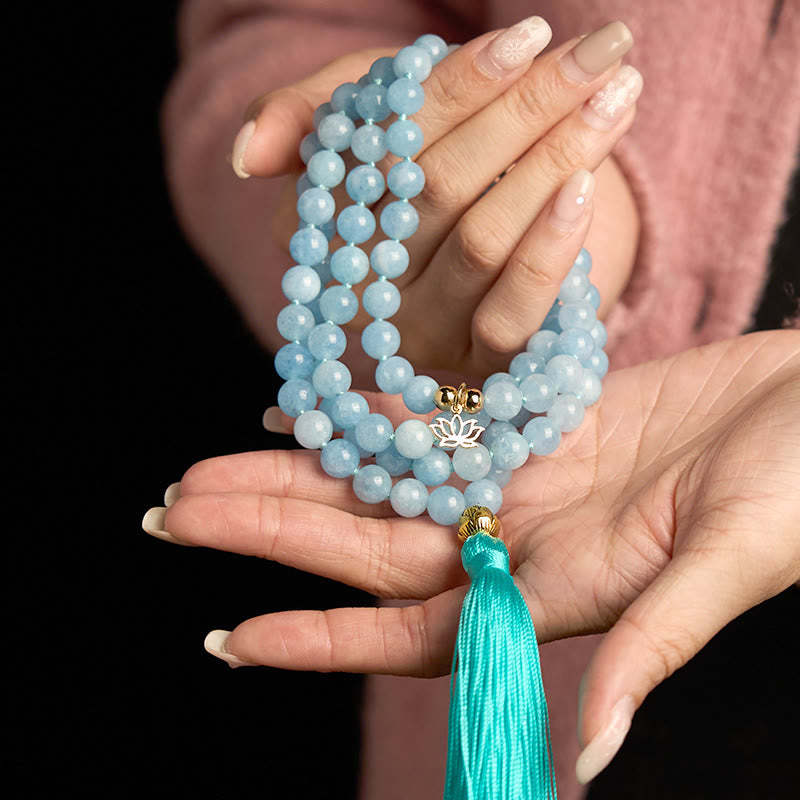 108 Mala Beads Natural Stone Aquamarine Tassel Lotus Healing Bracelet