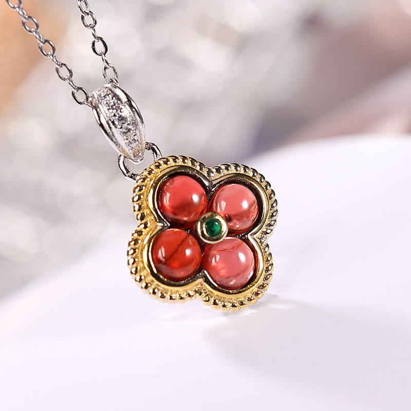 925 Sterling Silver Natural Garnet Four-leaf Clover Protection Necklace Pendant Ring