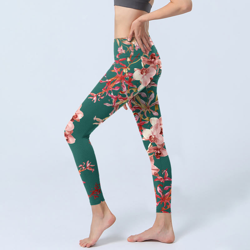 Green Pink Flowers Print Gym Fitness Leggings Women's Yoga Pants