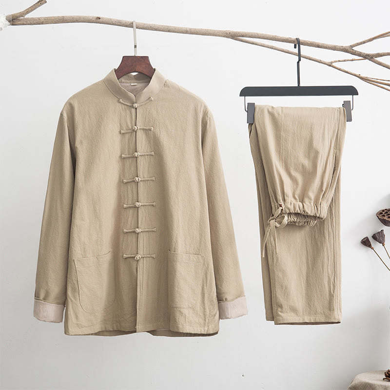 2Pcs Zen Tang Suit Men's Linen Frog-Button Long Sleeve Shirt Pants Set
