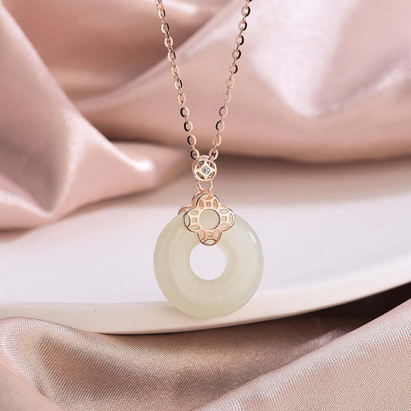925 Sterling Silver Natural Hetian White Jade Chalcedony Coin Peace Buckle Luck Necklace Pendant