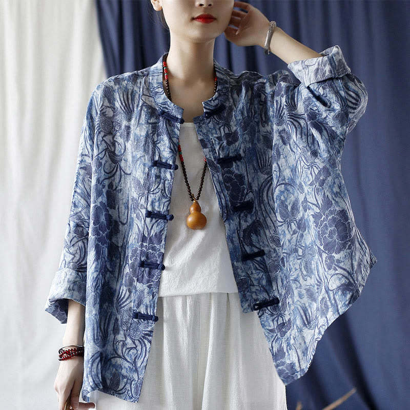 Retro Blue White Flowers Frog-Button Design Long Sleeve Ramie Linen Jacket Shirt