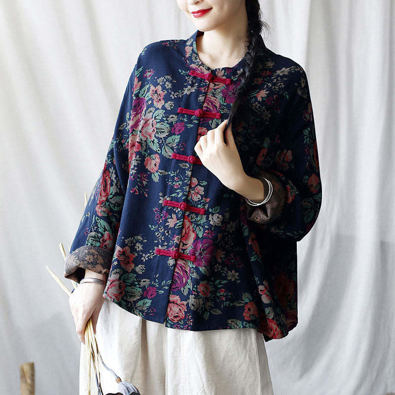 Red Flowers Green Leaves Print Frog-button Design Long Sleeve Cotton Linen Jacket Shirt