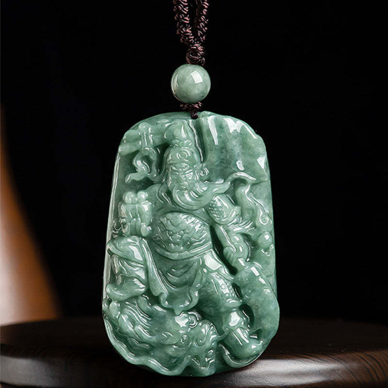 Natural Jade Guan Gong Amulet Wealth Necklace Pendant
