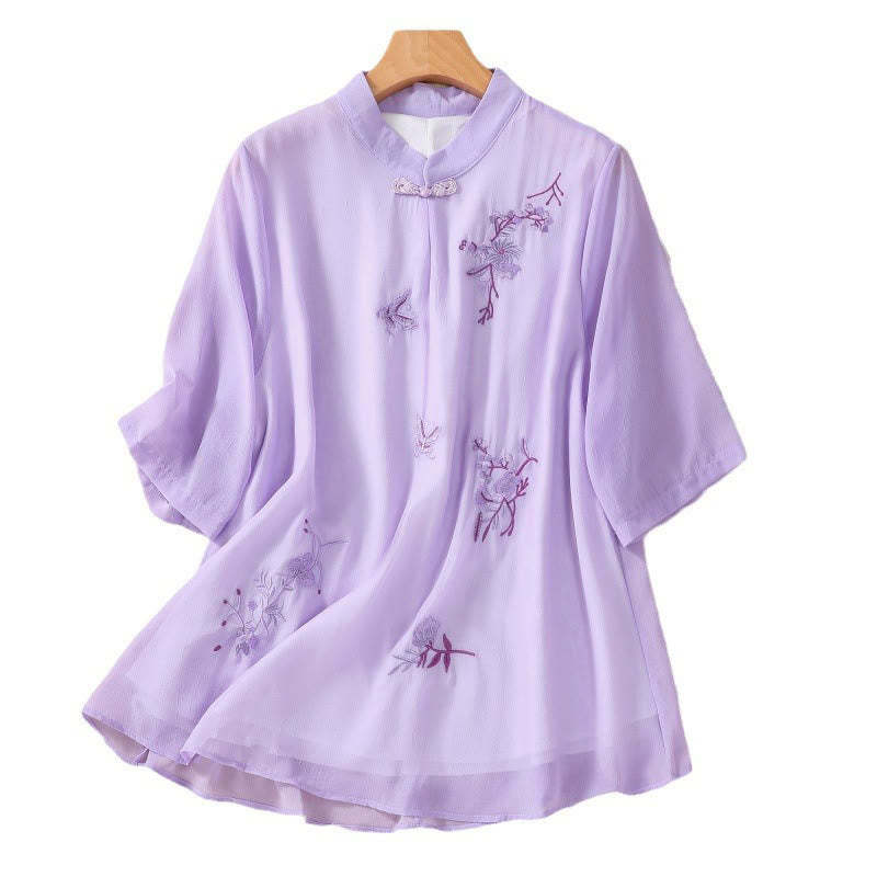 Embroidery Plants Flower Half Sleeve Plain Frog-Button Stand Collar Women's Shirt