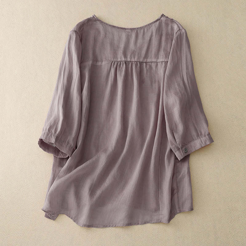 Casual Plain Embroidery Willow Leaf Half Sleeve V-neck Women's Shirt