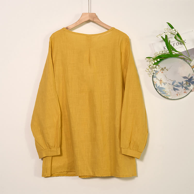 Round Neck Casual Pleated Long Sleeve Shirt Cotton Linen Women's Shirts