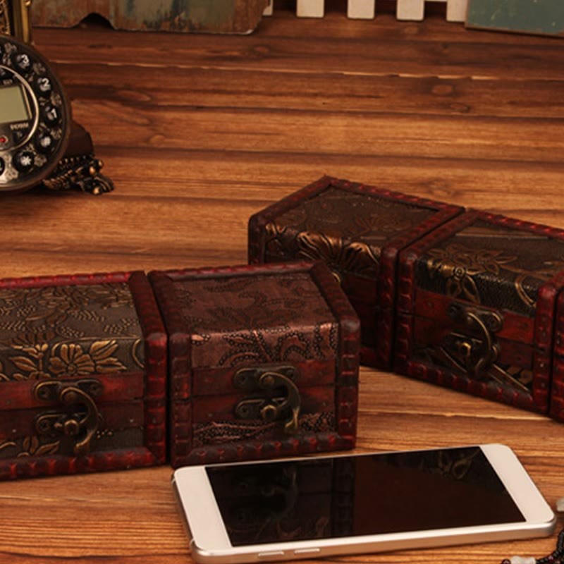Retro Small Square Wood Jewelry Box Lotus Grass Flower Grape Copper Coin Daffodil Jewelry Storage Box