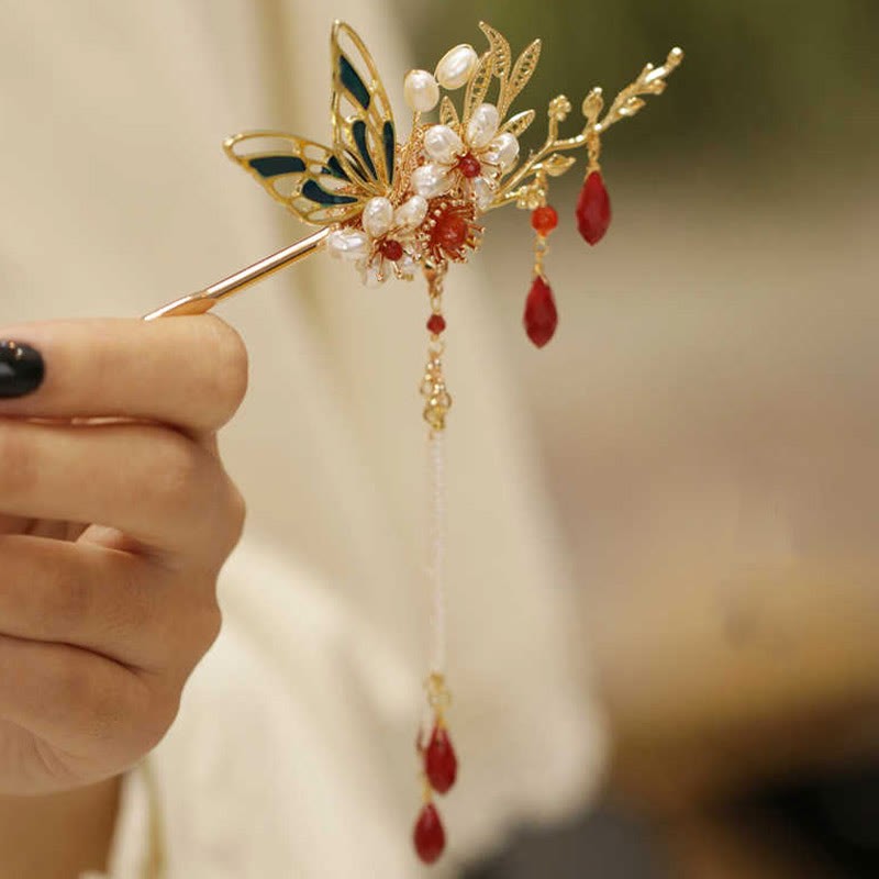 Classical Chinese Style Flower Branche Butterfly Pearl Tassel Hair Clip Hair Comb Hair Crown