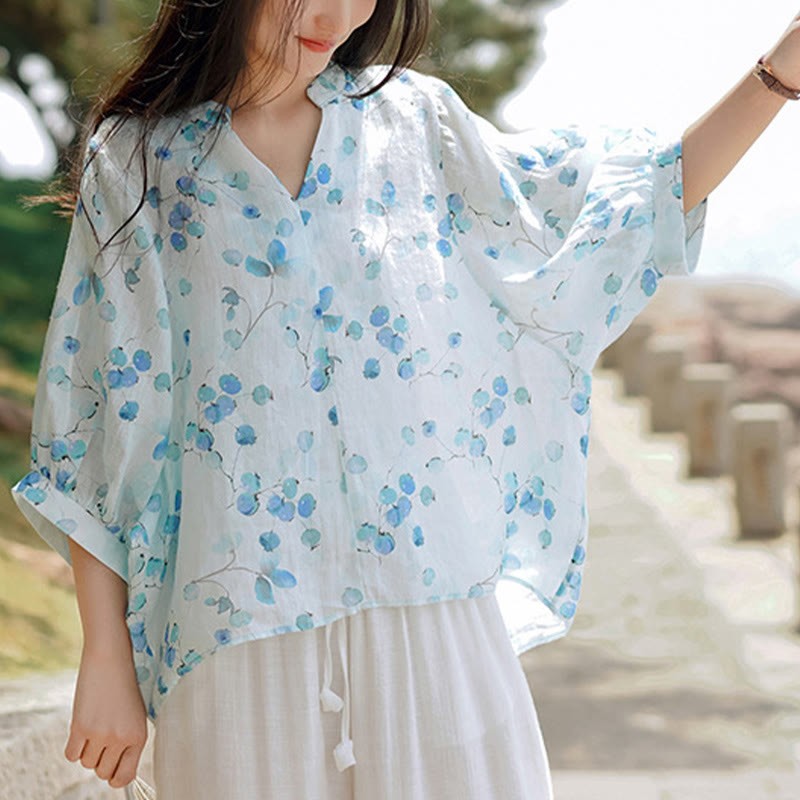 Fruits Leaves Pattern Lantern Sleeve Top Loose Tee T-shirt