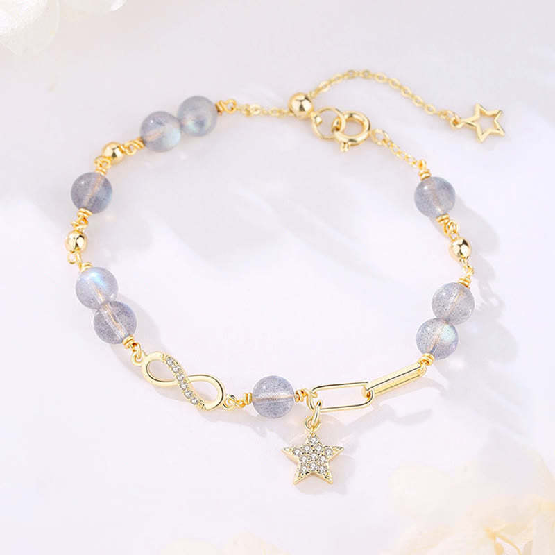 14K Gold Plated Natural Strawberry Quartz Moonstone M?bius Loop Eternal Love Star Positive Bracelet